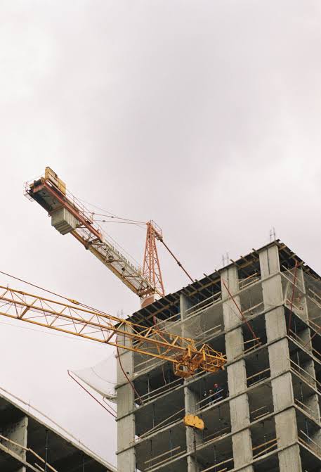Structural steel framework at an active construction site