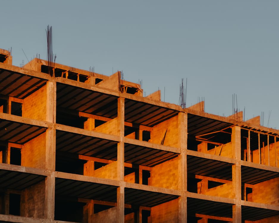 Building frame with tower crane